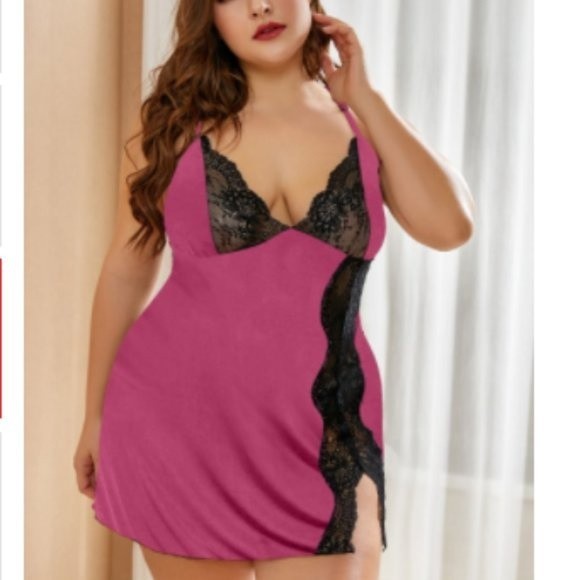 Pink and black Rose Lace Stitching Babydoll nighty lingerie - Picture 4 of 4